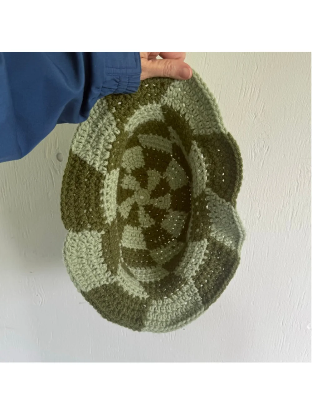 Handmade Crochet Checkerboard Bucket Hat - Sage & Olive Green